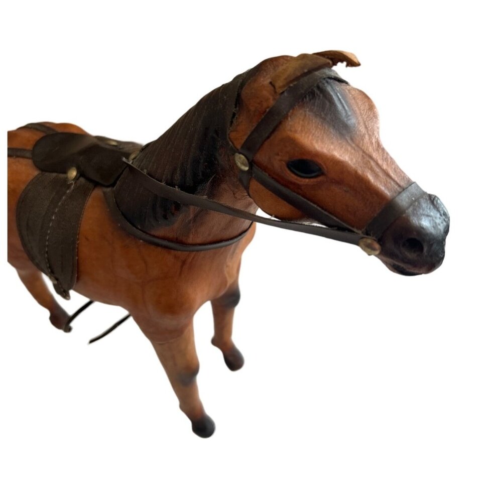 Vintage Brown Leather Covered Horse, Glass Eyes, 12” Tall Western Theme Decor